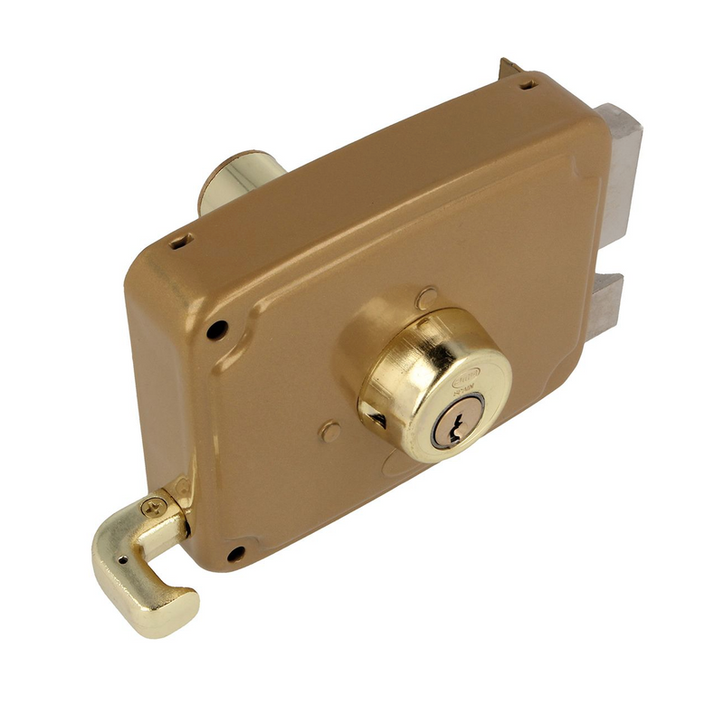 Overlay lock with 120mm wide gold finish handle with cylinder and serrated key for doors