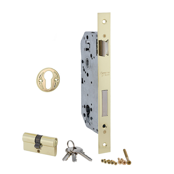 50mm mortise lock for European cylinder front straight edge with 85mm between axes glossy gold finish 