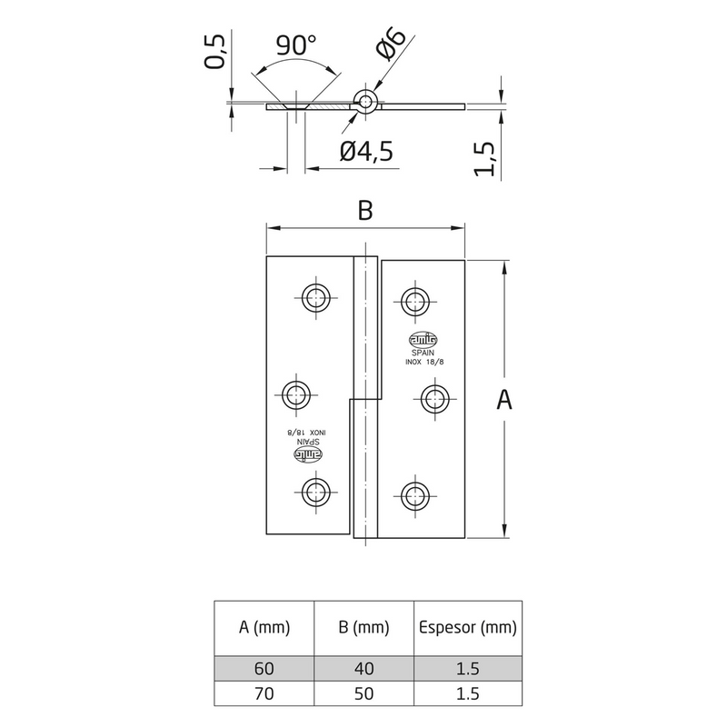 Removable stainless steel hinge square edge without finish 60x40mm