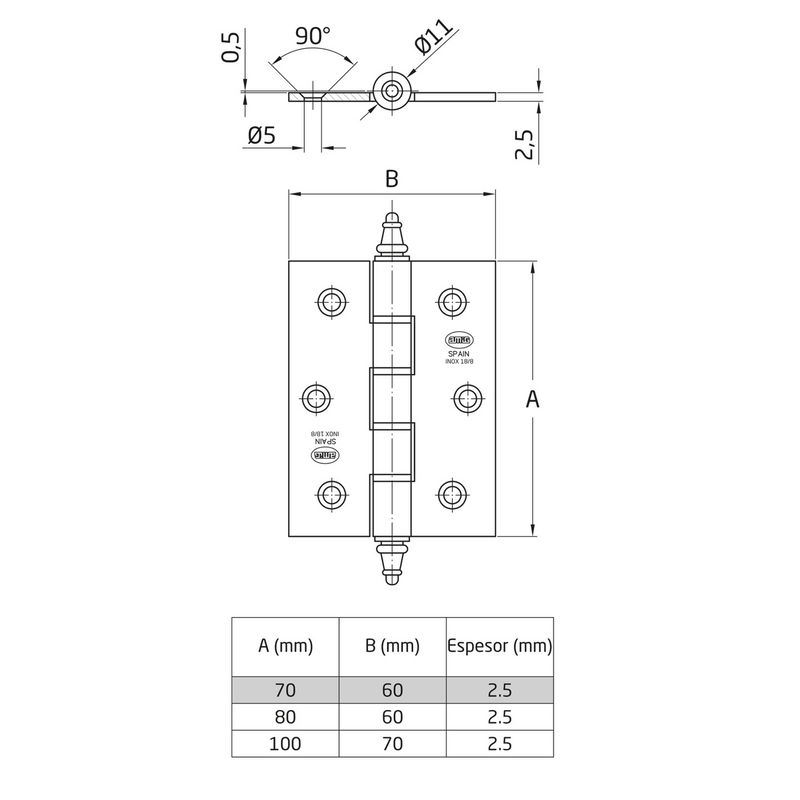 Stainless steel hinge with straight edge finish with washers 100x70mm