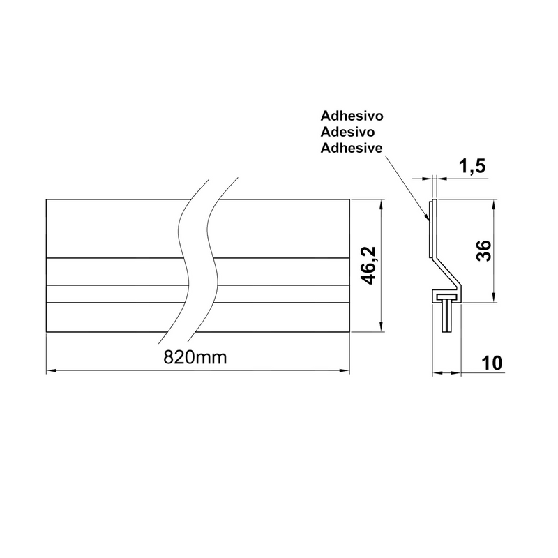 Burlete adhesivo plateado de sobreponer de aluminio de 820mm con cepillo