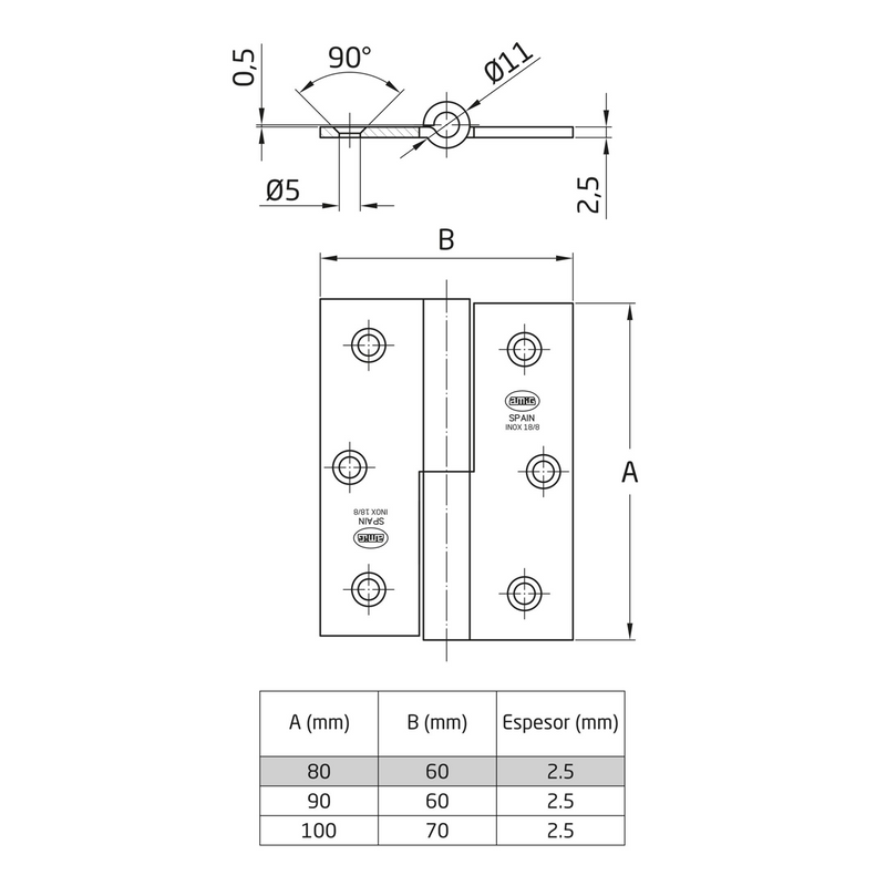 Removable stainless steel hinge square edge without finish 90x60mm