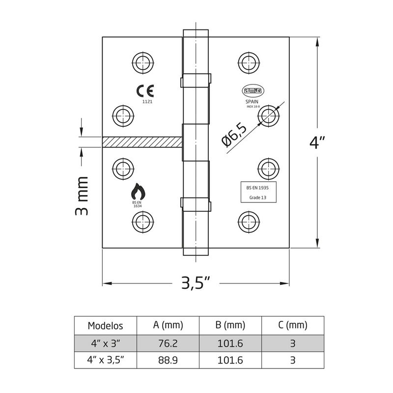 x2 stainless steel removable square hinges with CE bearings (European Certificate)