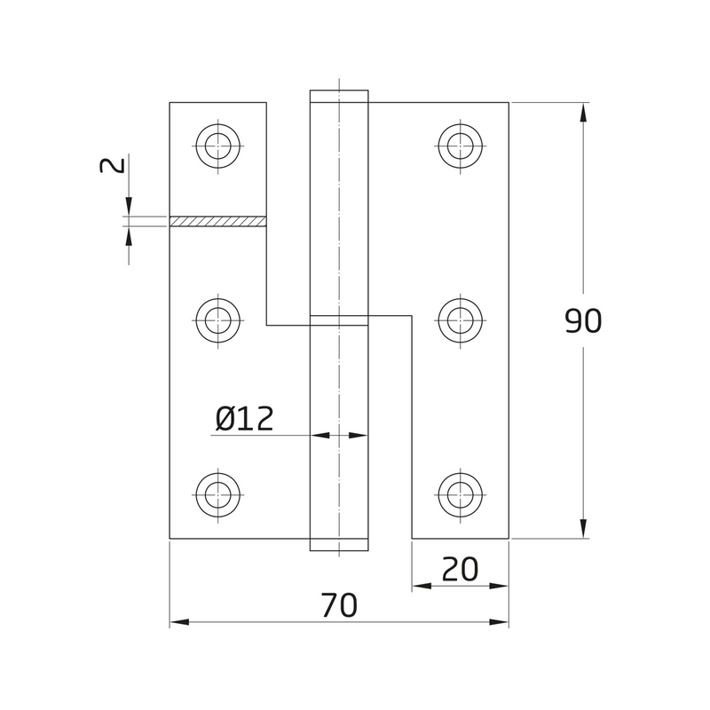 Pernio de pala abierta de acero inoxidable canto recto de 90x70mm