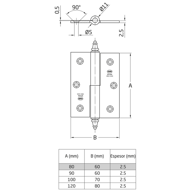 Dobradiça removível de borda quadrada com acabamento em aço inoxidável 120x80mm