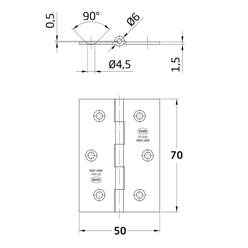 Stainless steel book hinge straight edge without edge 70x50mm