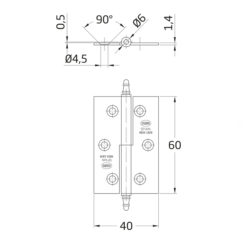 Dobradiça removível de borda quadrada com acabamento em aço inoxidável 60x40mm