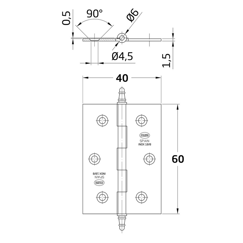 Stainless steel book hinge straight edge with finial 60x40mm