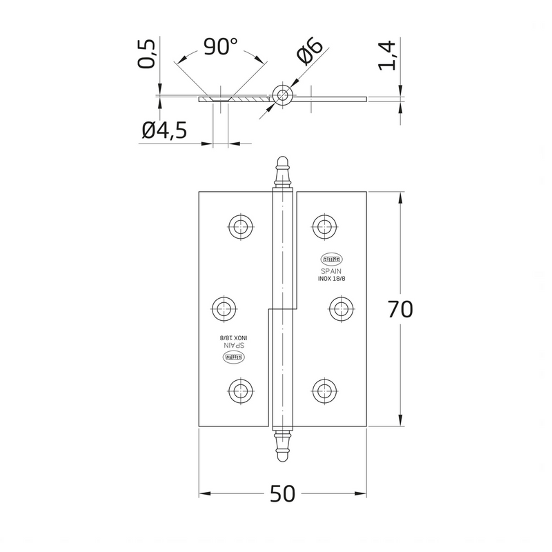 Removable square edge hinge with stainless steel finish 70x50mm