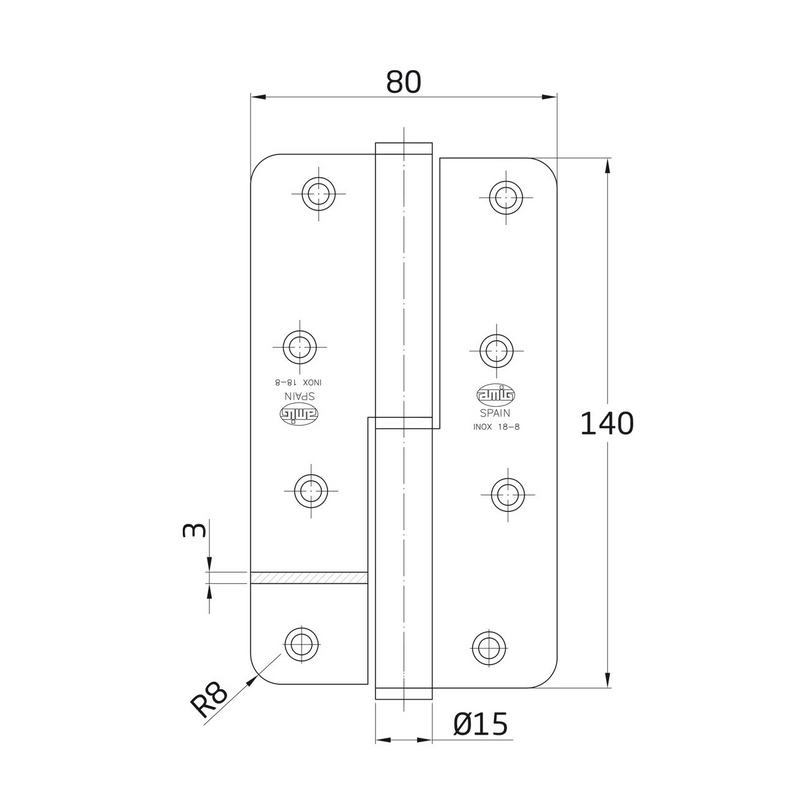 Dobradiça em inox com rebordo redondo e acabamento plano de 140x80mm