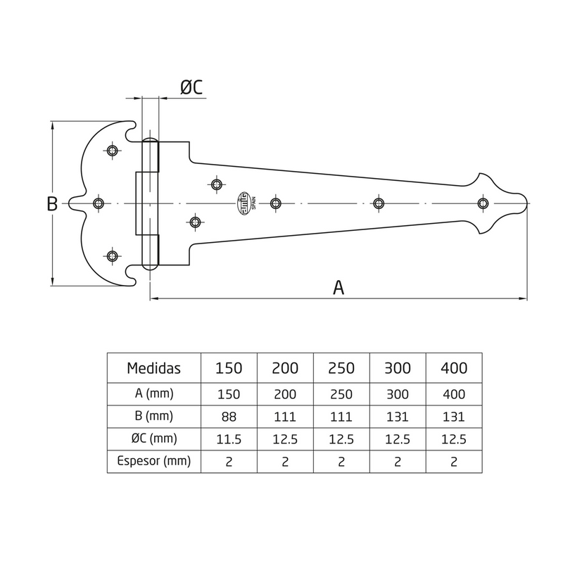 Dotted steel reinforced rustic hinge for smooth door 300x131mm