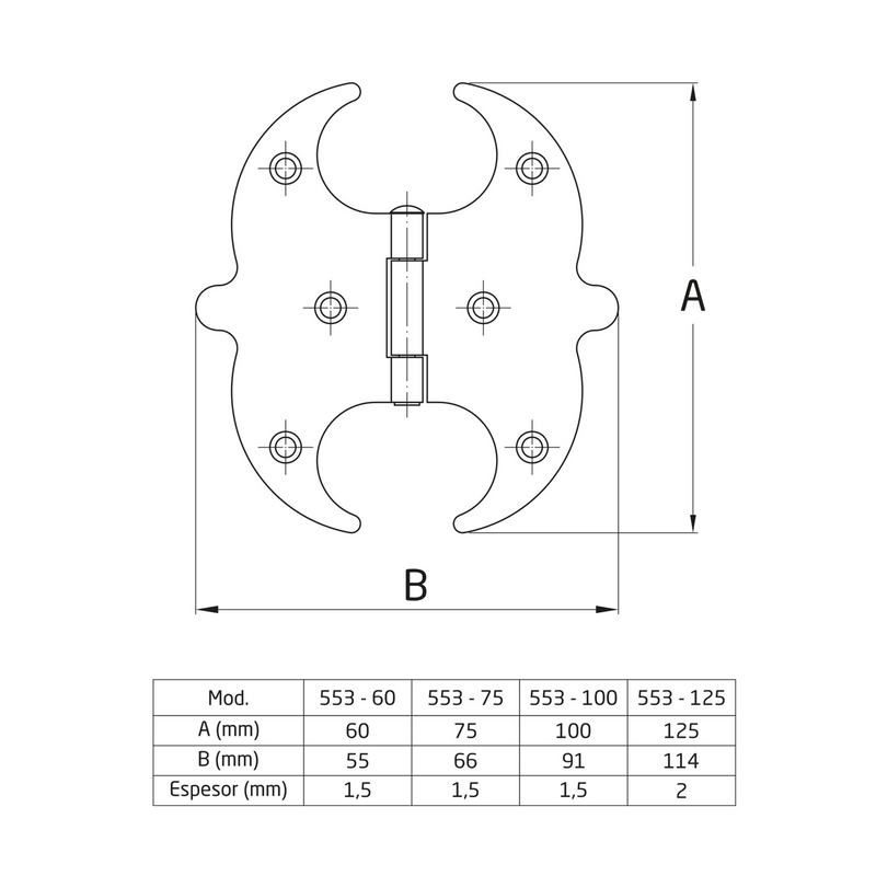 Rustic forged butterfly hinge in black dotted steel 125x120mm