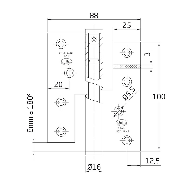 Pino de elevação com lâmina aberta em aço inoxidável e borda reta 100x88mm