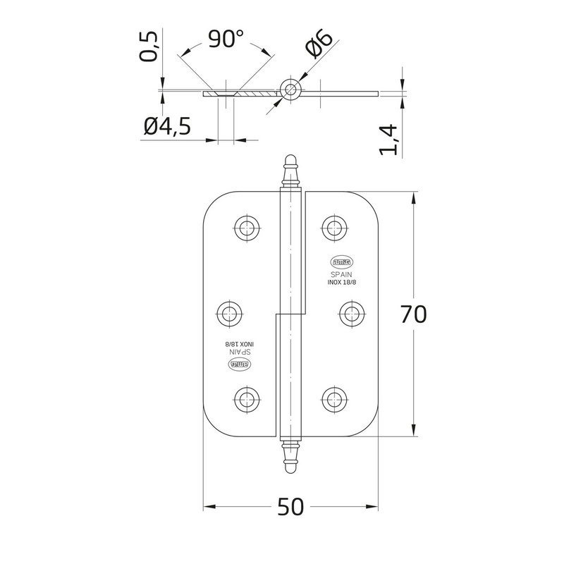 Removable round edge hinge with 70x50mm stainless steel finish