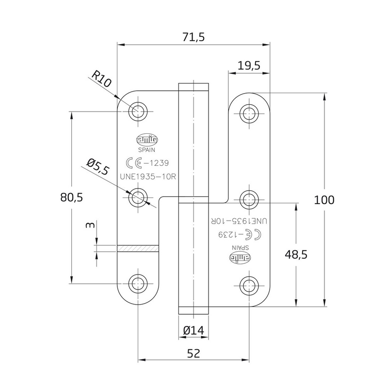 Round edge stainless open blade hinge with CE marking 100x70mm