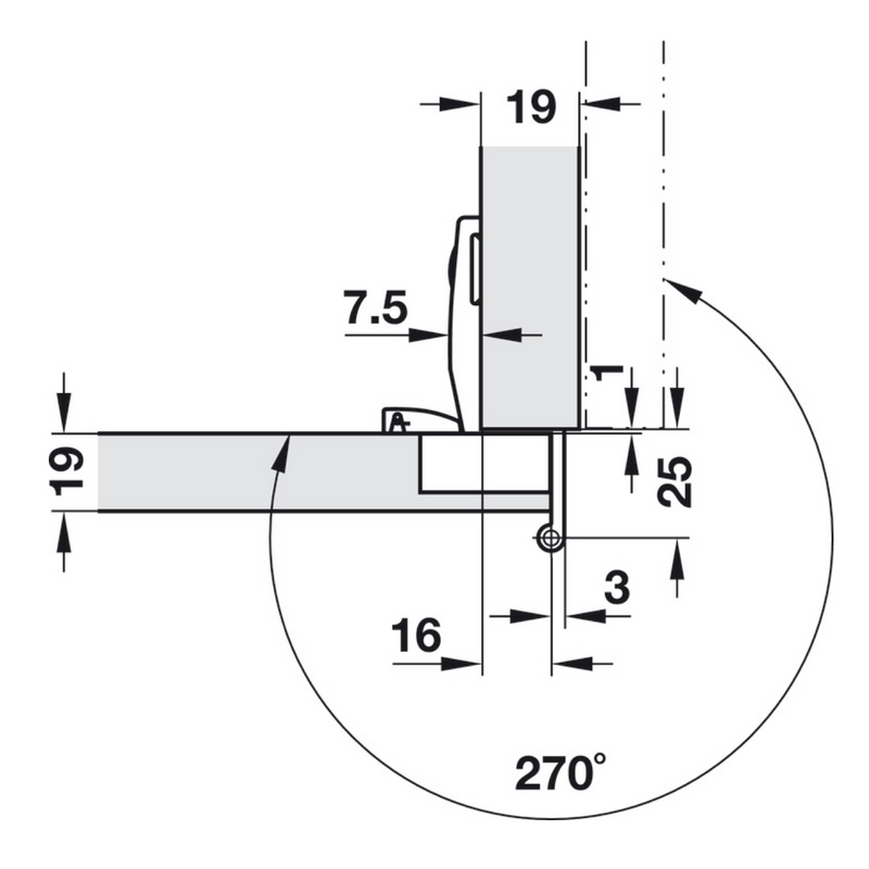 Häfele 35mm cup hinge opening 270º for overlapping doors