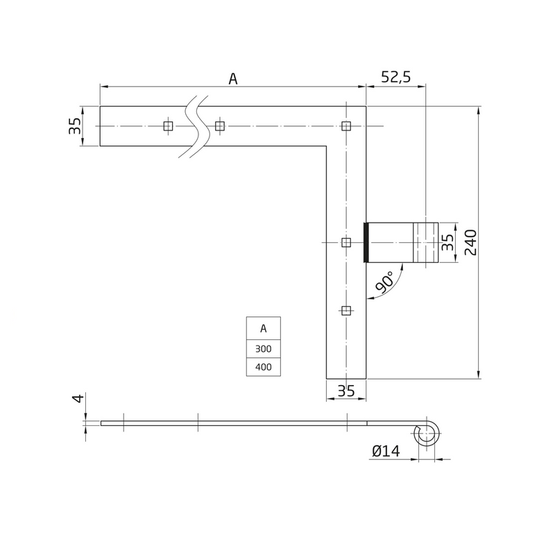 Dobradiça preta 300x240mm com ângulo reto para montagem com pino eixo 14mm