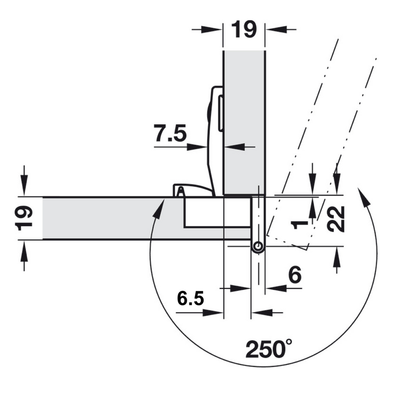 Häfele 35mm cup hinge opening 250º for semi-overlapping door