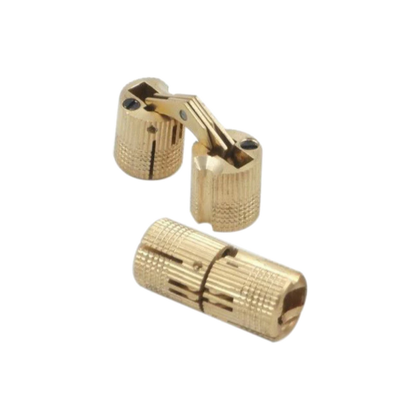 Bisagra oculta redonda de latón en dorado de Ø16X34mm para puertas y tapas abatibles