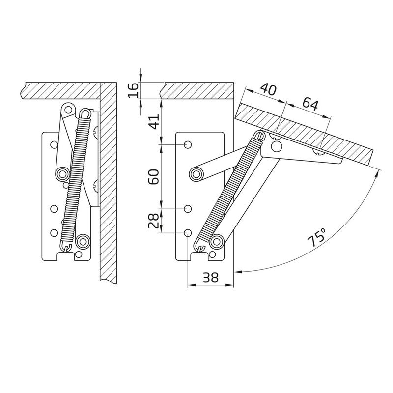 Reinforced spring compass upward opening opening 75º folding doors