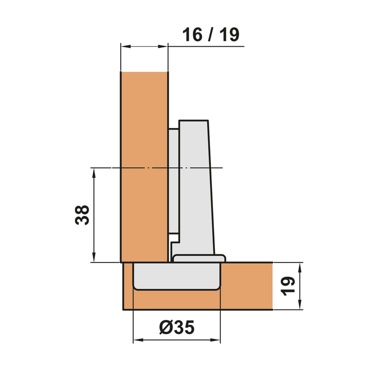 Dobradiça angular de 35 mm, abertura de 110º com base de clipe ajustável 2D