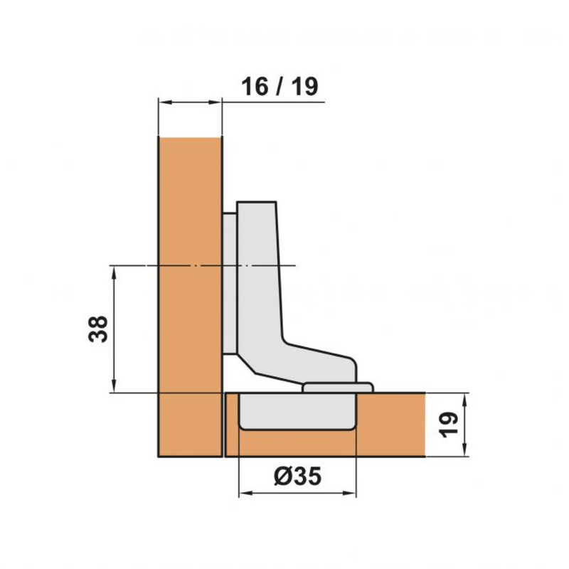 Super angled 35mm cup hinge 110º opening with 2D adjustable clip base