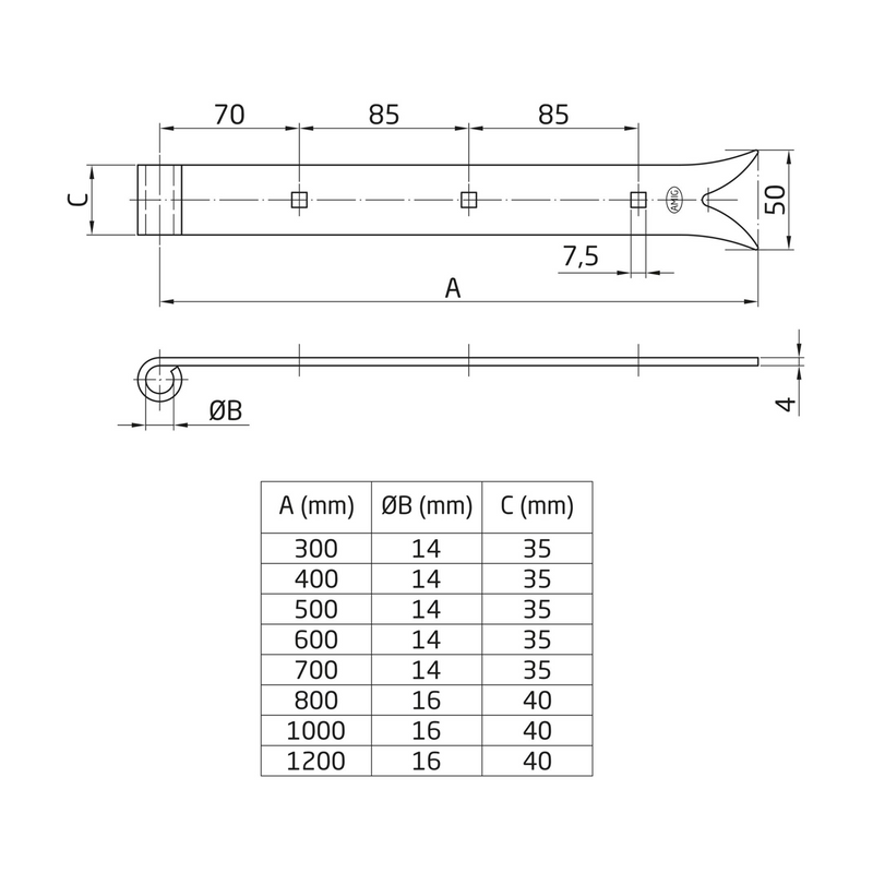 Gozne recto gótico negro de 1000x40mm para montaje con pernio eje 16mm