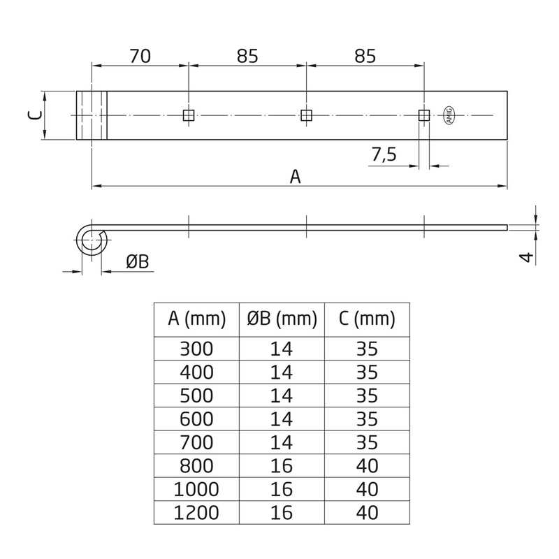 500x35mm black straight edge hinge for mounting with 14mm axis pin