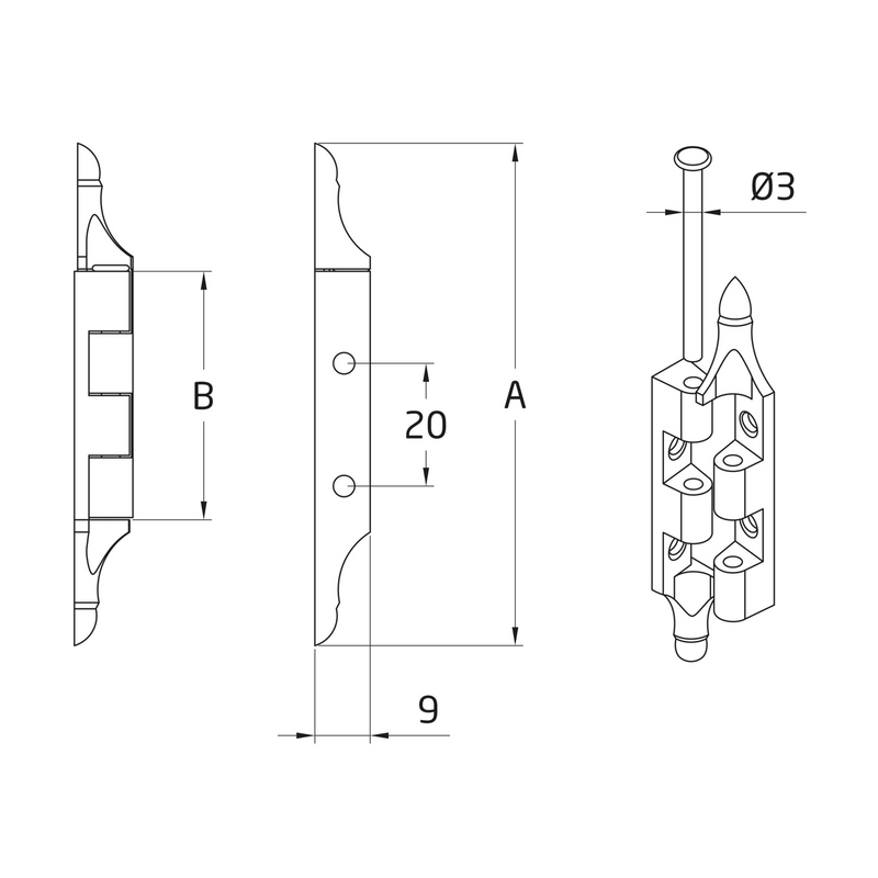 Bisagra de armario con eje desmontable en zamak acabado niquelado con remate de 79x9mm