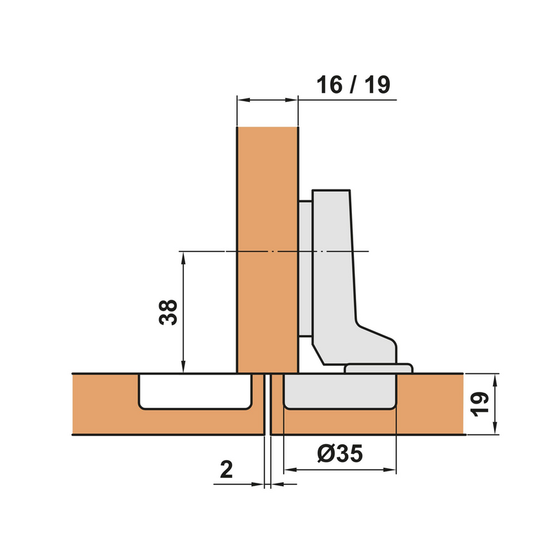 Invisible angled hinge with 35mm cup opening 110º with clip base