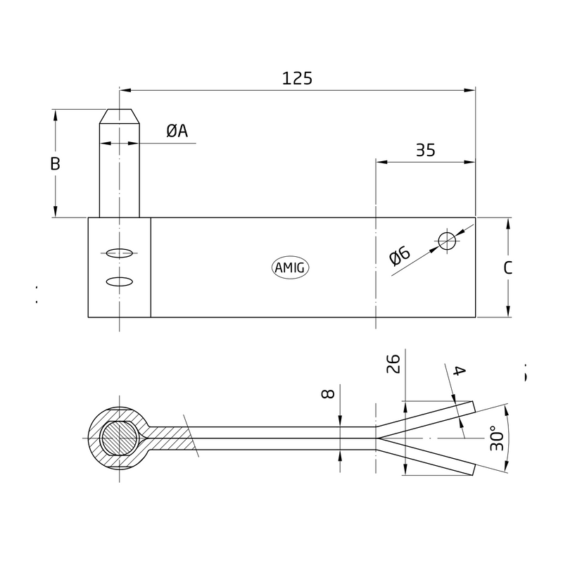 Pernio con espiga para gozne de acero negro de 125x40 para instalar en muro de Ø16mm