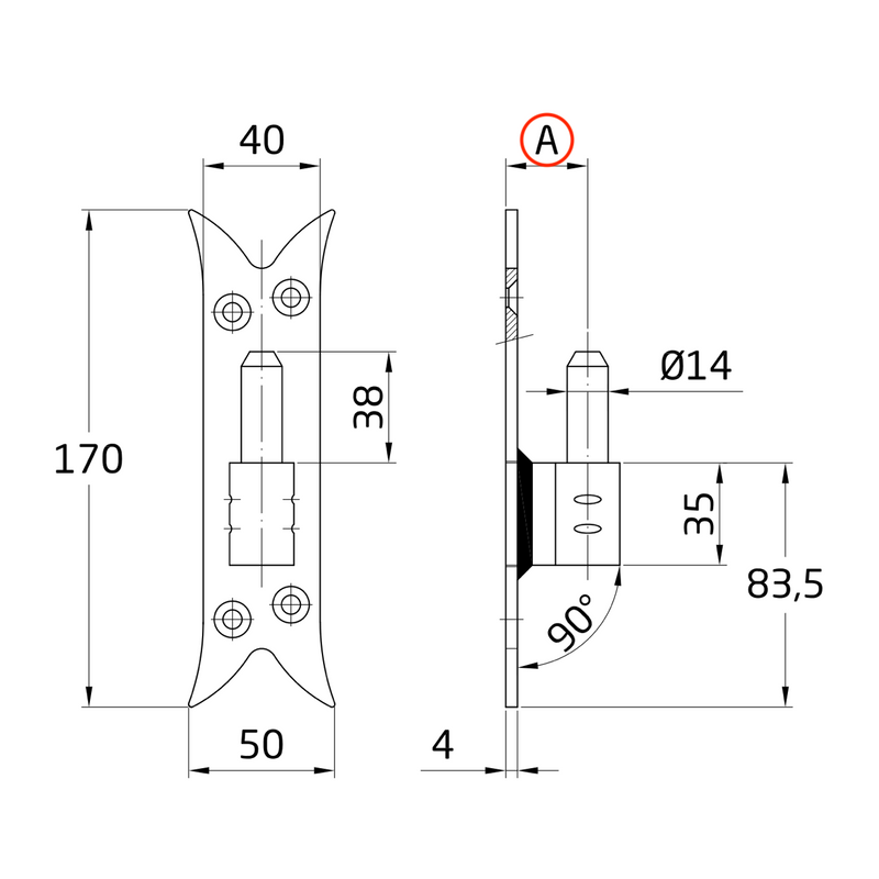 Parafuso de 14mm com placa gótica preta 170x50 para dobradiça