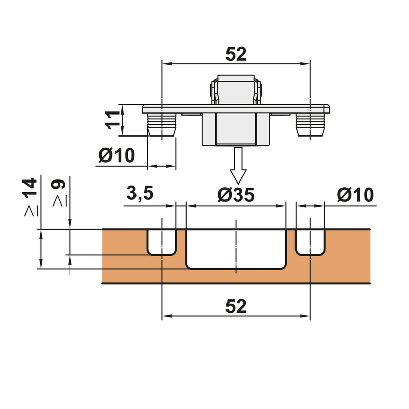 Ø35mm cup hinge offset with lugs and 52mm between holes