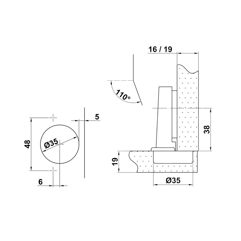 Dobradiça angular de 35 mm, abertura de 110º com base de clipe ajustável 2D