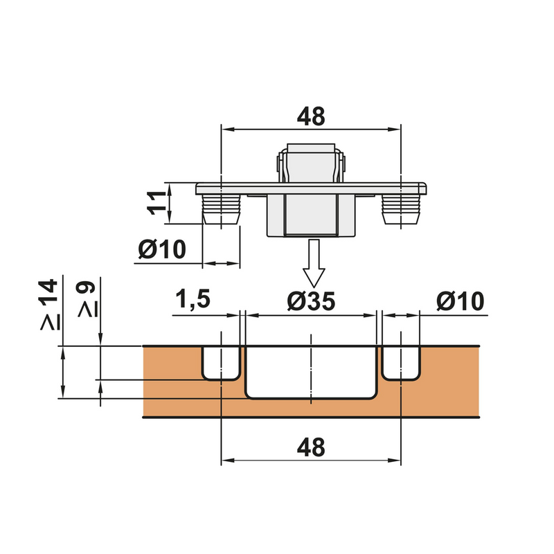 Deslocamento da dobradiça do copo de Ø35mm com alças e 48mm entre furos