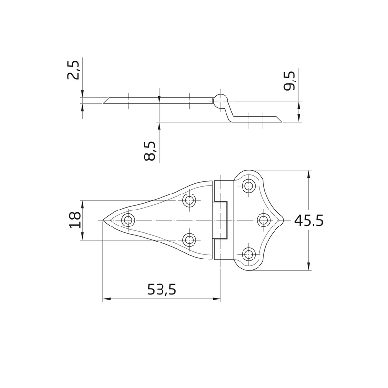 Dobradiça exterior de porta tipo frigorífico 80x46mm em aço niquelado para armários