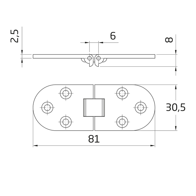 Mortise folding table hinge in matte chrome finished brass, 81x35mm