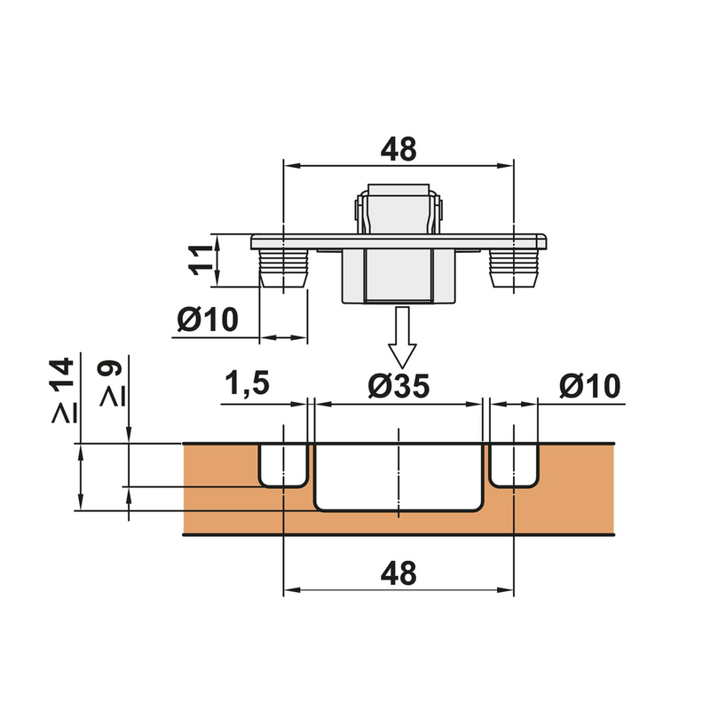 Bisagra de cazoleta de Ø35mm recta con tetones y 48mm entre agujeros