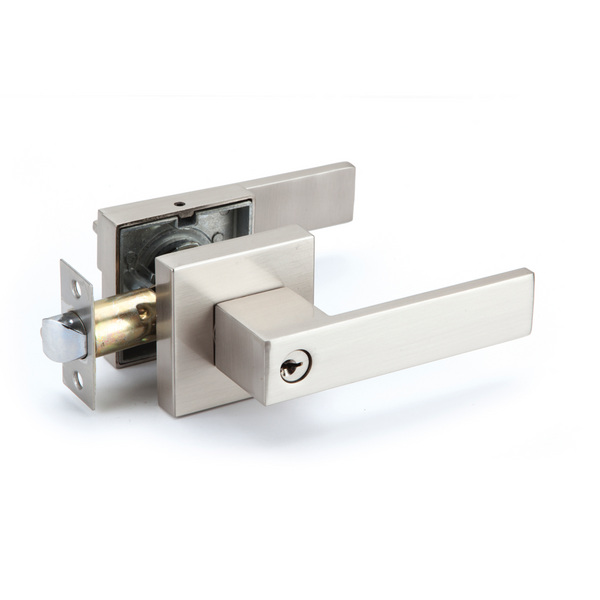 Luke model handle in satin nickel finish with integrated lock and square rosette for entrance doors 