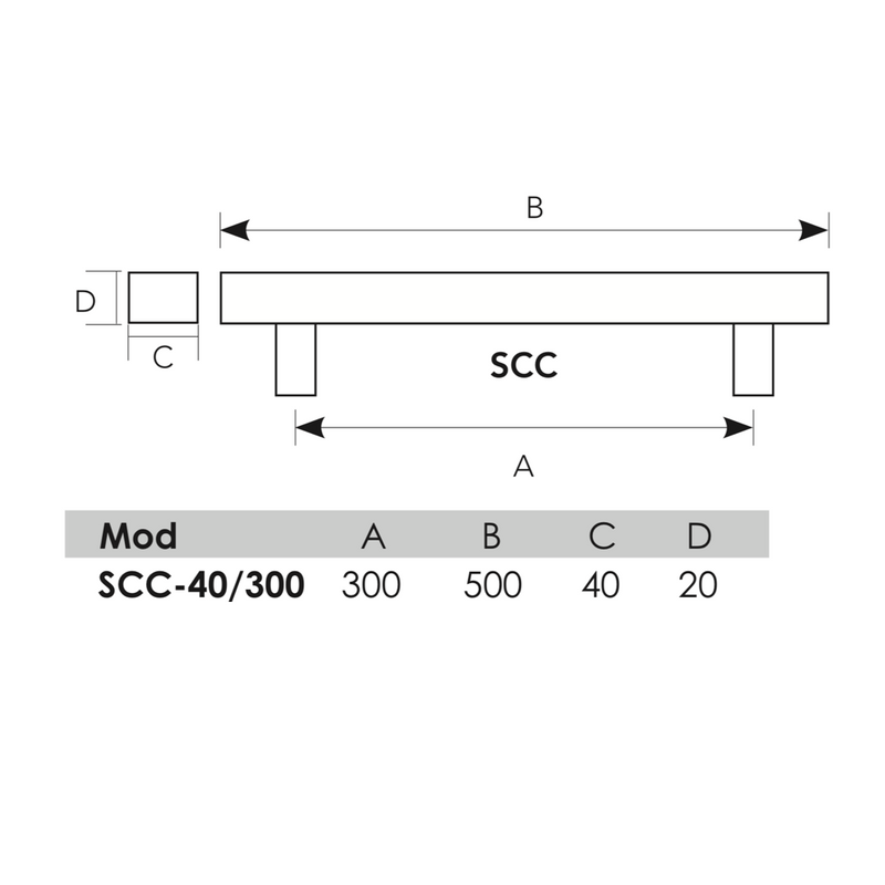 Rectangular handle in stainless steel 300mm between axes and 40mm thick for wood and glass 