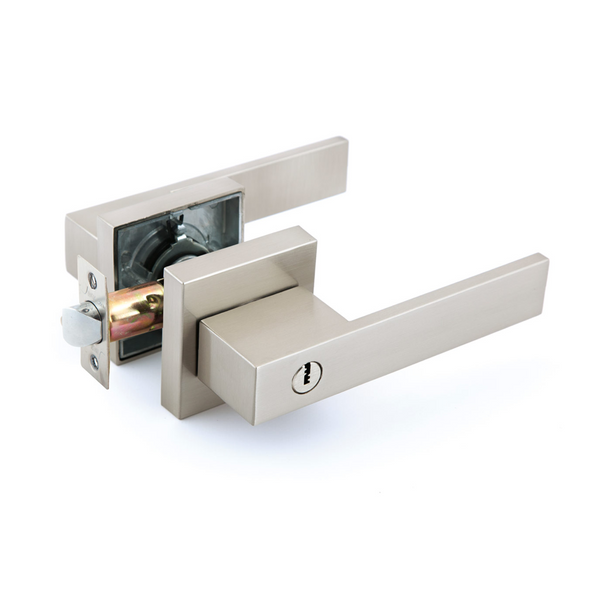 Dalton model satin nickel finish handle with lock and square rosette for entrance doors 