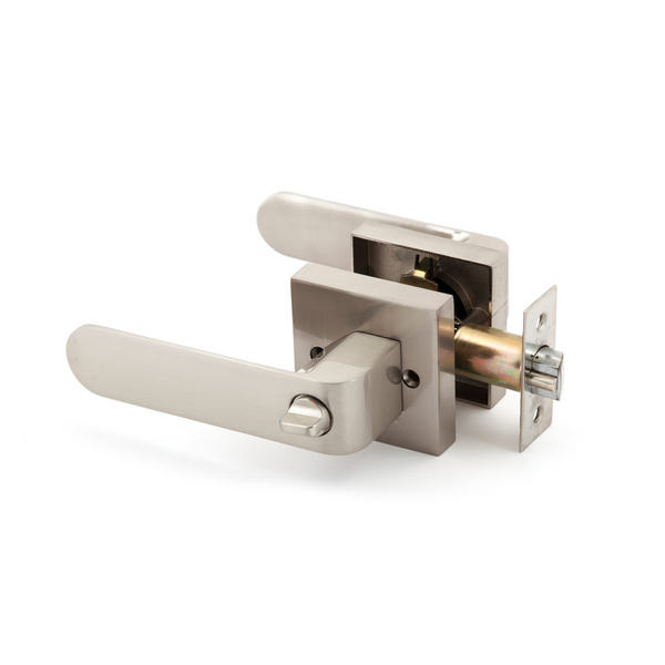 Puma model satin nickel finish handle with integrated handle and square rosette for bathroom doors 