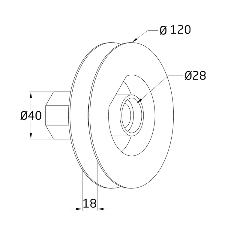 Polea pvc con rodamiento para cinta de 18-20 milímetros y eje de 40  milímetros de diámetro Seleccionar: Tamaño Polea 120 diámetro exterior