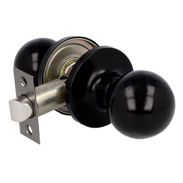 Ball knob with black finish mechanism with latch for passage doors