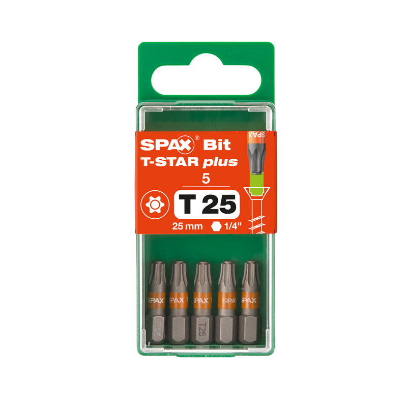 Caja de 5 puntas SPAX bit T-Star plus T25 de 6,4x25mm para atornillador manual y de batería