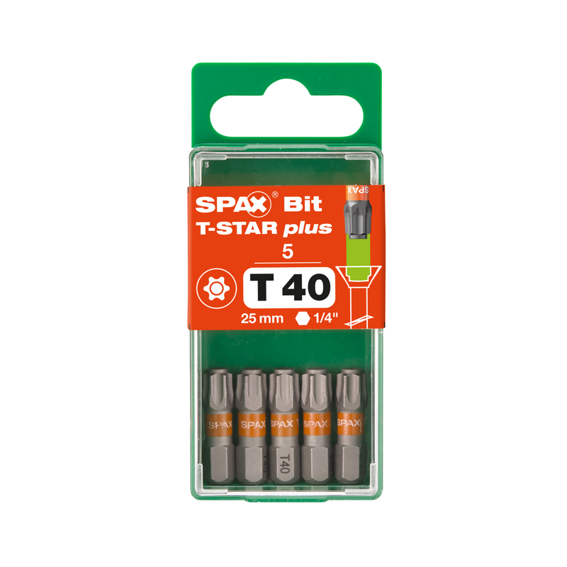 Caja de 5 puntas SPAX bit T-Star plus T40 de 6,4x25mm para atornillador manual y de batería