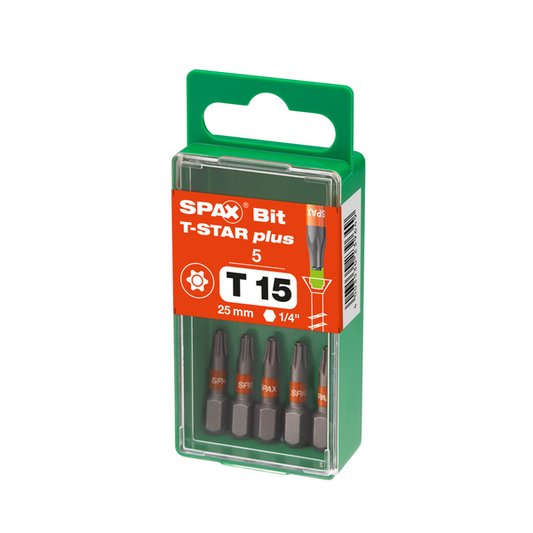 Caja de 5 puntas SPAX bit T-Star plus T15 de 6,4x25mm para atornillador manual y de batería