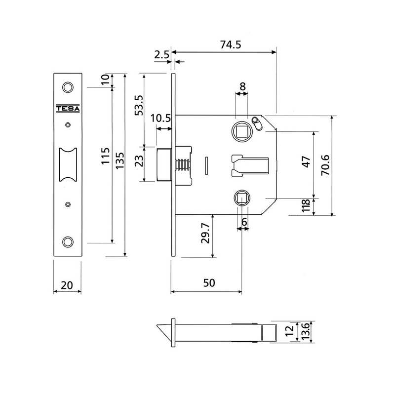 Tesa latch with 47mm lock option made of stainless steel with round edge 