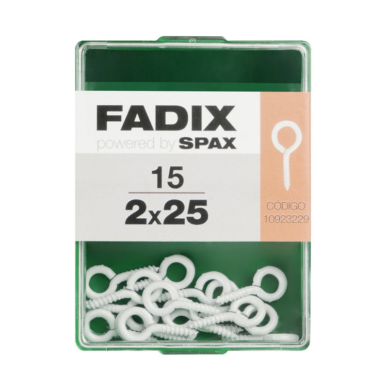 Box of 15 2x25mm white steel threaded closed eyelets