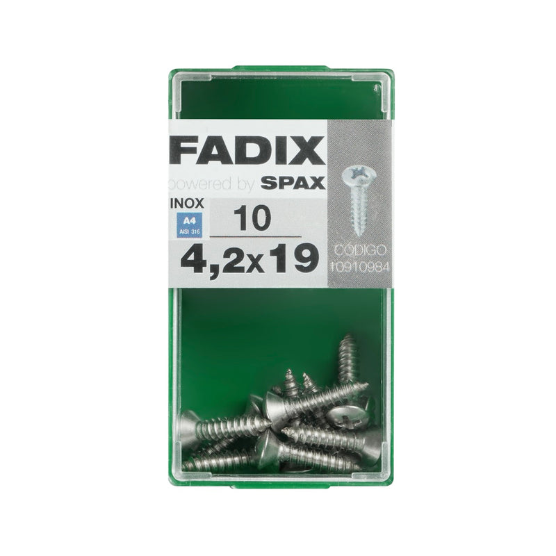 Caixa de 10 parafusos inox A4 DIN 7983 4,2x19mm com cabeça escareada em forma de gota de sebo